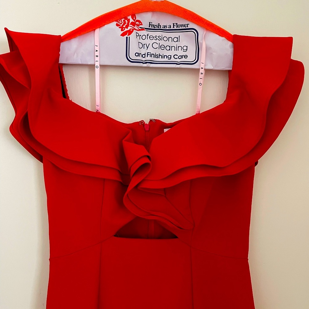 Red off-the-shoulder ruffle dress — pristine condition